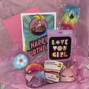 Girls Happy Birthday Pink Gift Box Set. With birthday card and7 cute accessories